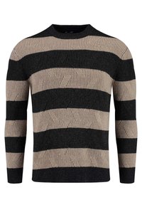 Strickpullover mit breiten schwarz-beigen Streifen, rundem Ausschnitt und strukturiertem Muster mit Kabelstrickdesign.