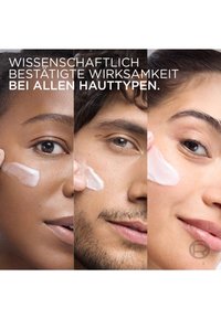 Trois visages d'individus divers appliquant une crème translucide sur leurs joues. Les teintes de peau varient du foncé au clair, mettant en valeur différentes textures.