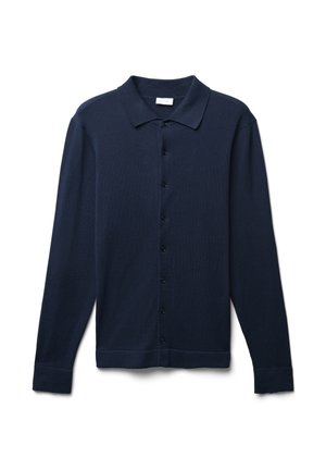 Cardigan a maniche lunghe blu navy con colletto, dotato di abbottonatura frontale e polsini a coste, realizzato in un morbido tessuto a maglia.