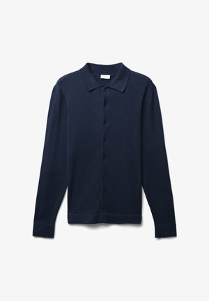 Dunkelblauer Langarm-Cardigan mit Kragen, der über eine Knopfleiste verfügt und gerippte Bündchen hat, aus einem weichen Strickstoff gefertigt.