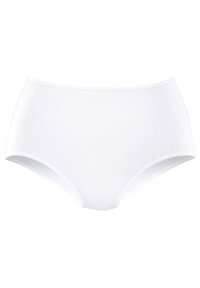Mutande bianche in cotone a vita alta con texture liscia, design a copertura totale e senza cuciture o stampe visibili.