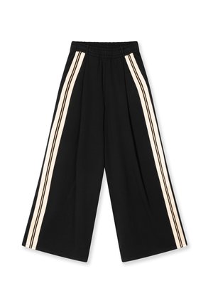 Pantaloni neri a gamba larga con un design plissettato, caratterizzati da due strisce verticali crema su ogni lato, realizzati in un tessuto morbido e leggero.