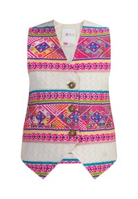 Daugiaspalvis audinio liemenė, dekoruota geometriniais raštais rožinės, mėlynos, žalios ir rudos spalvų, su trimis rudais mygtukais ir kampuota apačia.