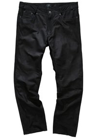 Schwarze Denim-Jeans mit glatter Textur, Fünf-Taschen-Design und kontrastierenden Nähten. Sichtbarer Knopf- und Reißverschluss an der Vorderseite.