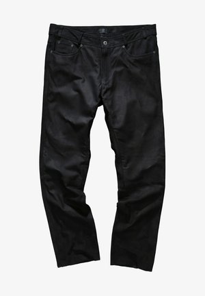 Schwarze Denim-Jeans mit glatter Textur, Fünf-Taschen-Design und kontrastierenden Nähten. Sichtbarer Knopf- und Reißverschluss an der Vorderseite.