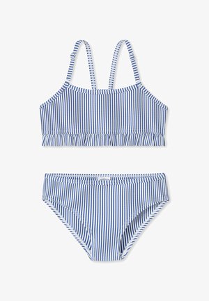 Blau-weiß gestreiftes Bikini-Set mit einem gerafften Crop-Top mit verstellbaren Trägern und passenden, tief sitzenden Höschen. Baumwollmischgewebe.