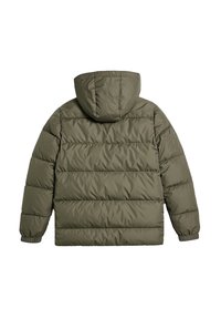 Giacca a vento verde oliva con cappuccio, caratterizzata da un design trapuntato, polsini elasticizzati e un tessuto liscio e resistente all'acqua.