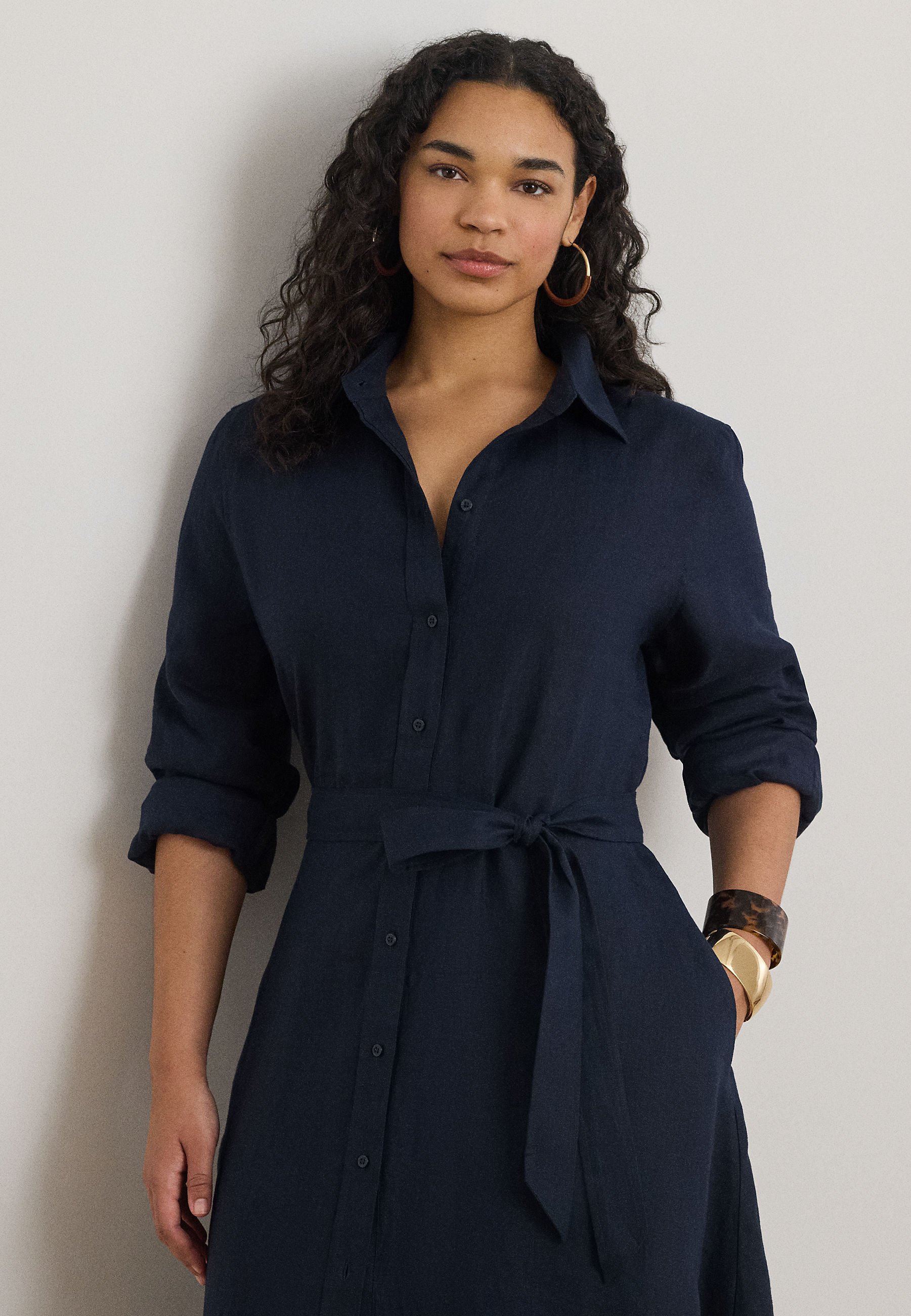 Lauren Ralph Lauren Woman BELTED LINEN SHIRTDRESS - Shirt dress - navy/dark  blue - Zalando.ie