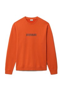 Sudadera naranja de algodón, con cuello redondo, manga larga y un gráfico rectangular azul en el pecho.