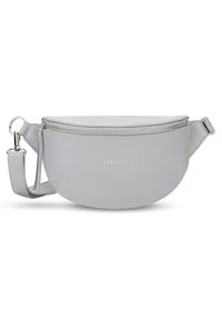 Marsupio in pelle grigia con forma arrotondata, zip argentata e tracolla regolabile. Logo "EXPATRIÉ" stampato sul davanti. Texture morbida.