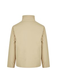 Beige leichte Jacke, glatte Textur, hoher Kragen und lange Ärmel. Einfaches Design ohne sichtbare Hardware oder Akzente.