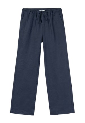 Pantalons en lin bleu marine avec taille élastique, cordon de serrage et deux poches latérales. Design à jambes larges avec une texture légère et lisse.