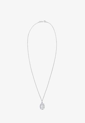 Silver chain necklace featuring an oval pendant with intricate details. Fine, polished texture; includes a clasp for secure closure.