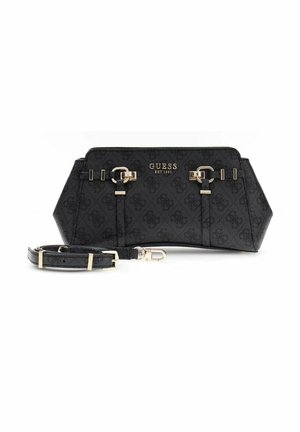 Pochette GUESS noire avec motif monogramme, ferrures dorées et bandoulière amovible, posée à plat sur fond blanc.