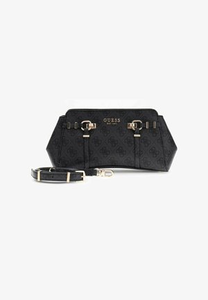 Pochette GUESS noire avec motif monogramme, ferrures dorées et bandoulière amovible, posée à plat sur fond blanc.