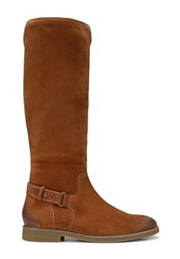 Botte en daim marron haute avec un design élégant, bout rond et détail de sangle à la cheville. Texture lisse et talon en caoutchouc bas.