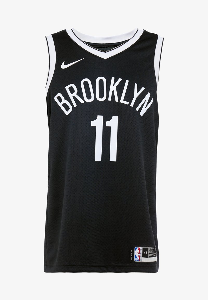 Maillot de basketball noir avec bordure blanche, texte ""BROOKLYN"", numéro 11, logo Nike et étiquette NBA taille 48 en bas.