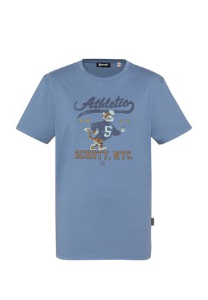 T-shirt bleu à manches courtes avec un tigre courant portant un pull étiqueté "5", texte "Athletic", "Schott. NYC" et "1913" à l'avant.