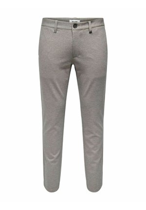Pantaloni gri deschis, confecționați dintr-un material neted, având închidere cu nasture, față dreaptă și picioare înguste. Design minimalist, fără modele vizibile.