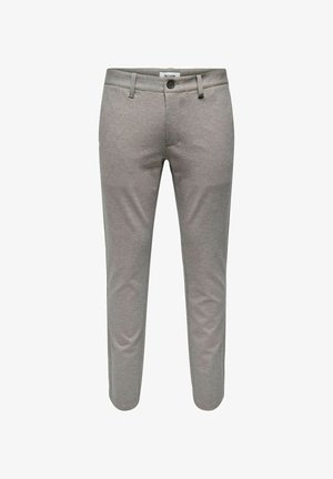 Lichtgrijze broek gemaakt van een gladde stof, met een knoopsluiting, een rechte voorkant en taps toelopende benen. Minimalistisch ontwerp zonder zichtbare patronen.