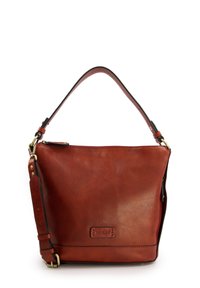 Sac à main en cuir marron avec une texture lisse, doté d'une seule sangle pour l'épaule, d'une fermeture éclair sur le côté et d'une étiquette de logo sur le devant.