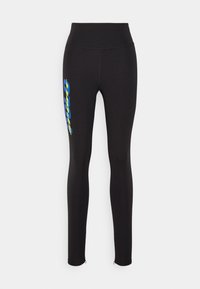 Svarta leggings med hög midja, med en blå och ljusgrön grafisk design längs vänster ben, tillverkade av stretchigt material.