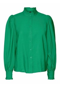 Grüne, langärmelige Bluse mit hochgeschlossenem Kragen und Rüschensaum. Aus einem glatten Stoff gefertigt, mit Knopfverschluss und Puffärmeln.