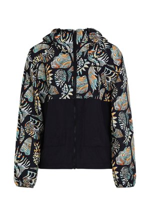 Capuchonjack met ritssluiting aan de voorkant, zwart onderste gedeelte en bovenste en mouwgedeelten met kleurrijke abstracte zebra- en bladpatronen.