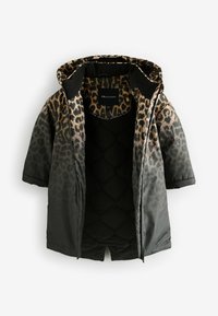 Schwarze Puffjacke mit Leopardenmuster-Futter, kurzen Ärmeln, Reißverschluss und Kapuze. Hat ein gesteppte schwarze Innenseite.