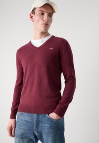 Pulover maroon cu decolteu în V, confecționat dintr-un material tricotat moale, cu mâneci lungi și tiv reiat. Un mic logo este afișat pe partea stângă a pieptului.