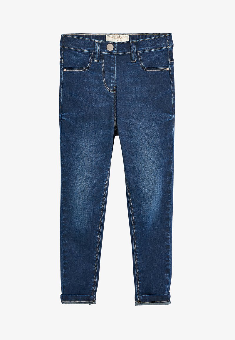 Mørkeblå slim-fit jeans med forlommer, bæltestropper, knaplukning og opklappede manchetter.