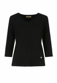 Czarny top z długim rękawem, z dekoltem w kształcie V, o prążkowanej fakturze i z małym metalicznym logo przy dolnej krawędzi. Wykonany z miękkiego, elastycznego materiału.