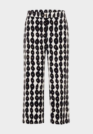 Παντελόνι με φαρδιά μπατζάκια και ψηλή μέση, με κάθετες κυματιστές ρίγες σε μαύρο και λευκό και μικρές μπεζ τετράγωνες λεπτομέρειες, με κλείσιμο κουμπιού και φερμουάρ μπροστά.