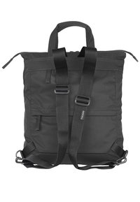 Zaino nero con doppio manico superiore e spallacci regolabili. Realizzato in tessuto resistente, presenta una chiusura con zip e numerose tasche esterne.