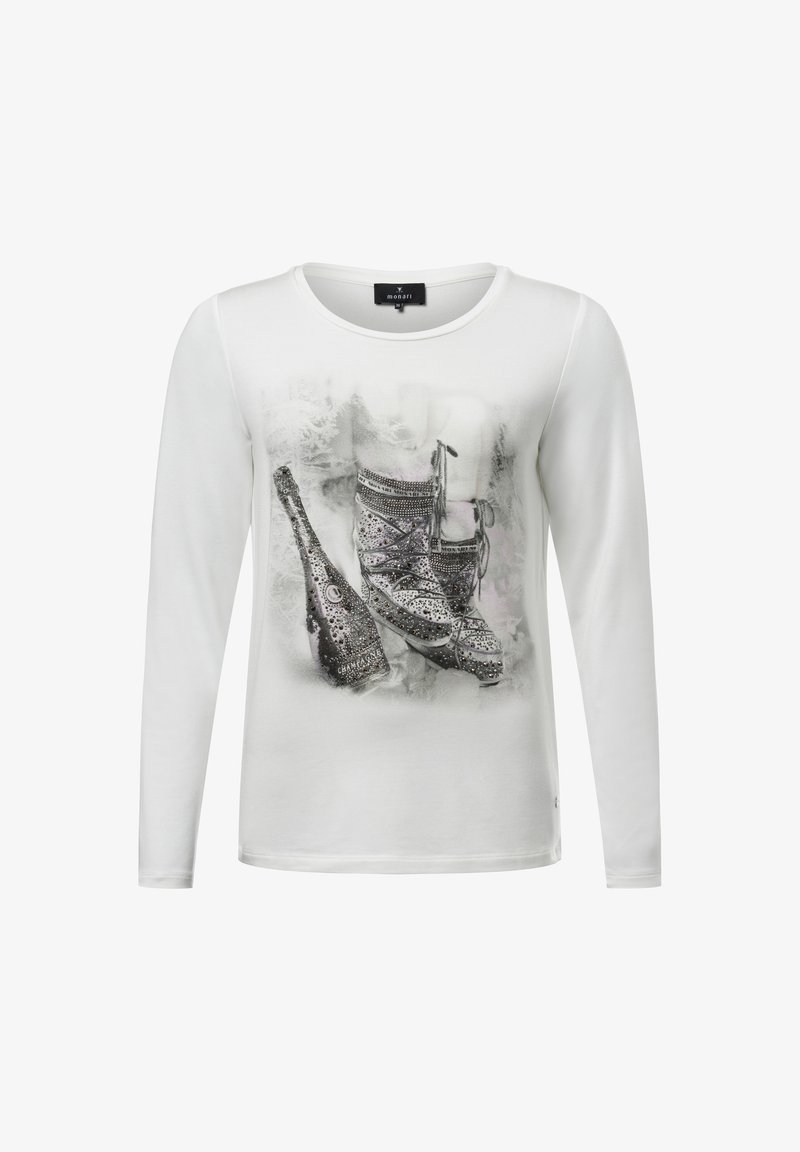 Weißes Langarmshirt mit einem Druckdesign von funkelnden Schuhen und einer Champagnerflasche, mit weicher Textur und Rundhalsausschnitt.