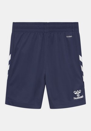 Navy sports shorts with an elastic waistband, white logo, and two diagonal white stripes on each side. Made from lightweight fabric.
