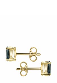 Orecchini a perno in tono oro con pietre rettangolari sfaccettate di colore blu intenso, montate su una griffe a quattro punte con chiusura a farfalla.