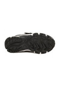 Suola di scarpa in gomma nera con motivi di battistrada testurizzati, caratterizzata da un design angolare e accenti bianchi lungo il bordo. Durevole e progettata per offrire aderenza.