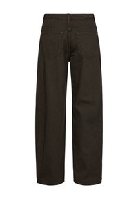 Jean droit marron foncé vu de dos avec deux poches arrière et une ceinture avec passants pour ceinture.