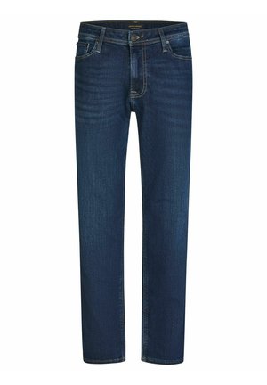 Jeans de mezclilla azul oscuro con corte recto, diseño clásico de cinco bolsillos y costuras en contraste. Tejido resistente con una textura suave.