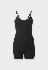 Μαύρο ριμπ sleeveless ολόσωμο με ρυθμιζόμενους λεπτούς ιμάντες και μικρό λευκό λογότυπο Adidas στο κέντρο του στήθους.
