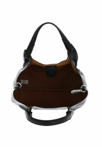 Borsa a tracolla in pelle nera con texture, dotata di un ampio interno beige, manici corti e chiusura a scatto magnetico. Include una tasca con zip.
