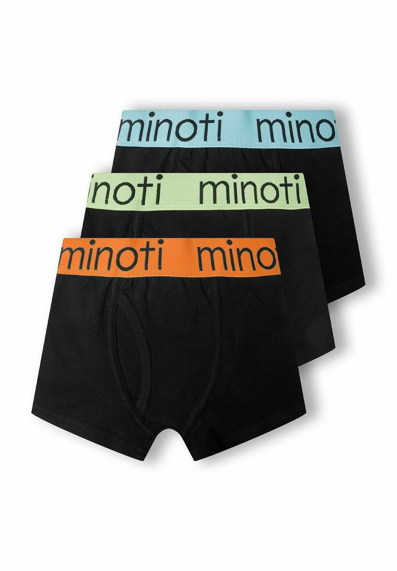 Trei slipuri boxer negre stivuite, fiecare cu un brâu de culoare diferită: albastru, verde și portocaliu, toate prezentând textul mărcii "minoti".