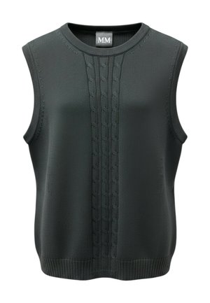 Gilet senza maniche in maglia grigio scuro con motivo a trecce al centro e bordi e asole a coste.