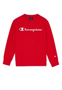 Felpa rossa in cotone con il logo "Champion" bianco centrato sul fronte. Maniche lunghe con polsini e orlo a costine.