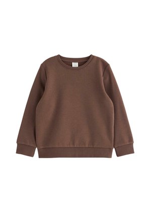 Enkelt brun sweatshirt med lange ærmer og rund halsudskæring med ribstrikkede manchetter og kant, vist mod en hvid baggrund.