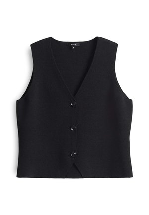 Zwarte wollen vest met een V-hals, mouwloos ontwerp, vijf knopen aan de voorkant en een licht getailleerde vorm met een afgeronde zoom aan de achterkant.