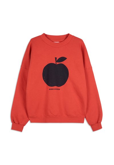 Rød sweatshirt lavet af bomuld med rund hals, drop skuldre og et stort sort æblegrafik på forsiden. Har ribbede manchetter og kant.
