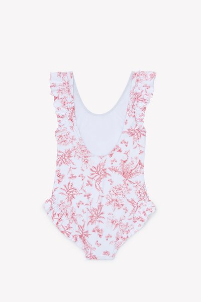 Ολόσωμο μαγιό σε λευκό με κόκκινο λουλουδάτο μοτίβο. Διαθέτει ραμμένες τιράντες με βολάν και σχεδιασμό με ανοιχτή πλάτη. Μαλακή υφή υφάσματος.