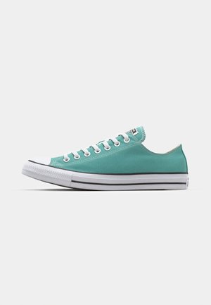 Turquoise canvas low-top sneakers with white laces, toe cap, and black and white striped sole. Features a label on the tongue.